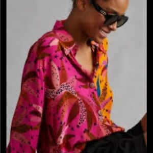 FARM RIO Anthropologie Blouse Top Bohemian Button Banana Pink Orange Tropics